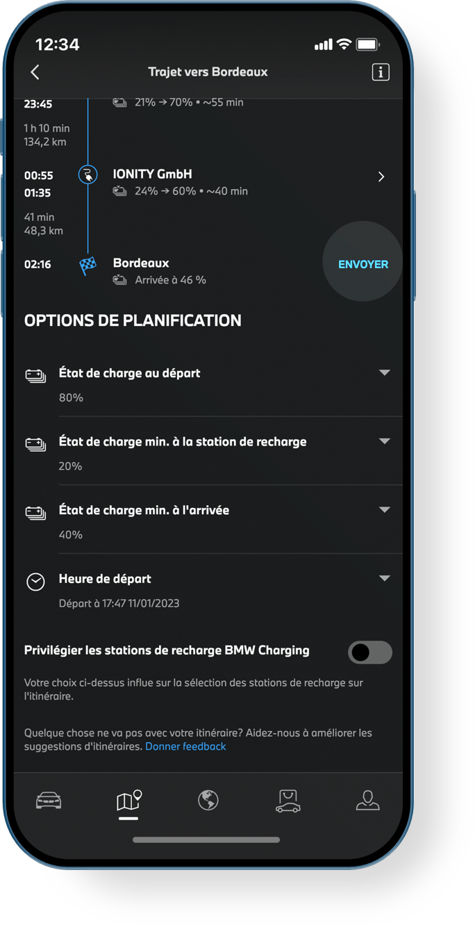Envoyez à votre BMW l’itinéraire avec les étapes de votre voyage